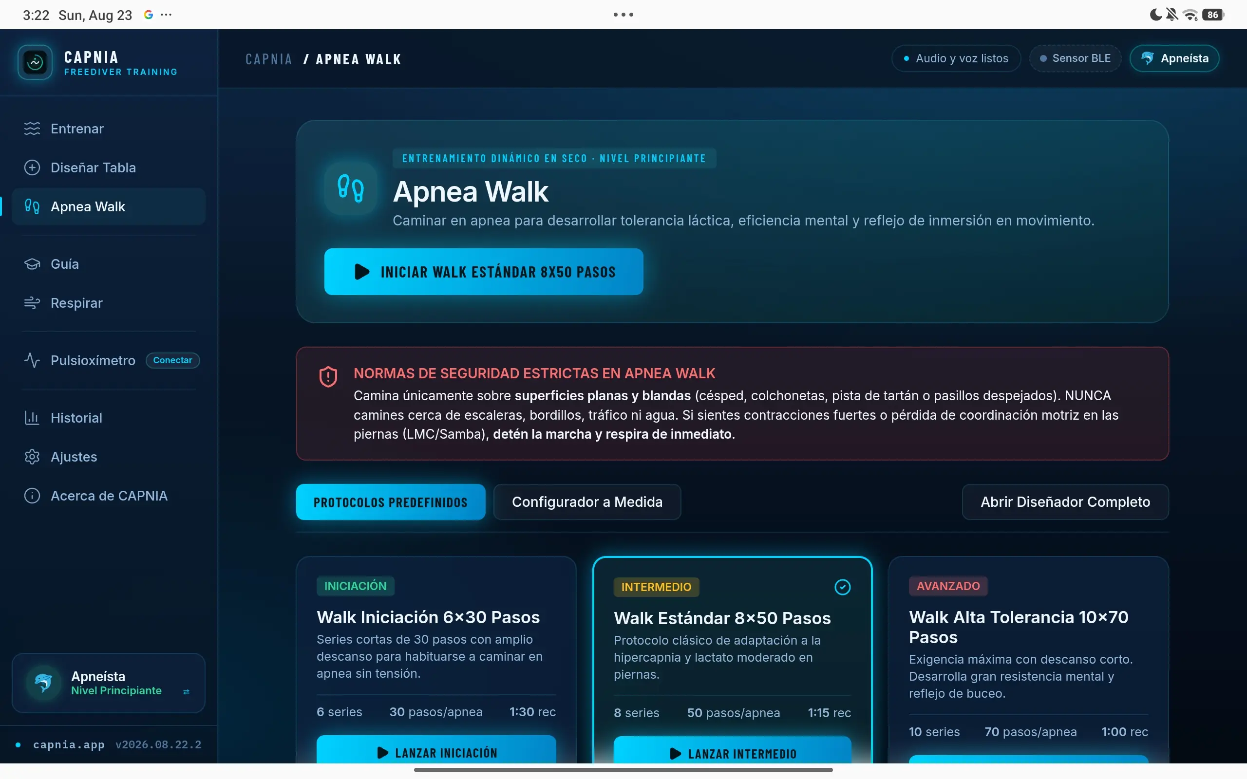 Pantalla Apnea Walk con los protocolos por nivel —iniciación, estándar y alta tolerancia— y un aviso de seguridad sobre caminar en apnea.