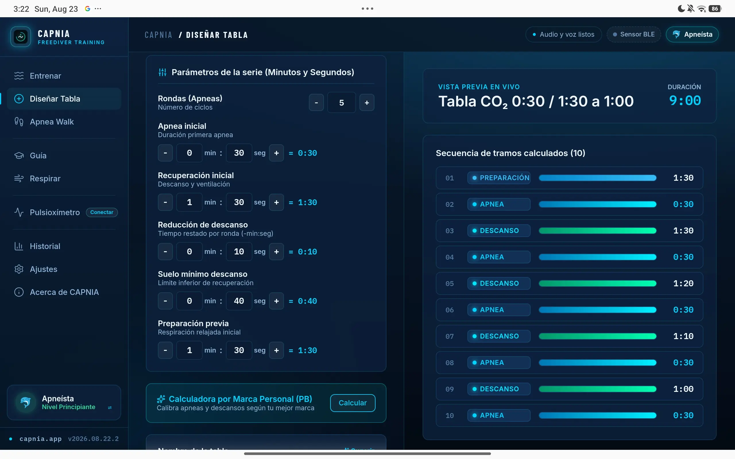 Pantalla Diseñar Tabla: los parámetros de la serie a la izquierda —rondas, apnea inicial, recuperación— y a la derecha la vista previa en vivo con los diez tramos calculados.