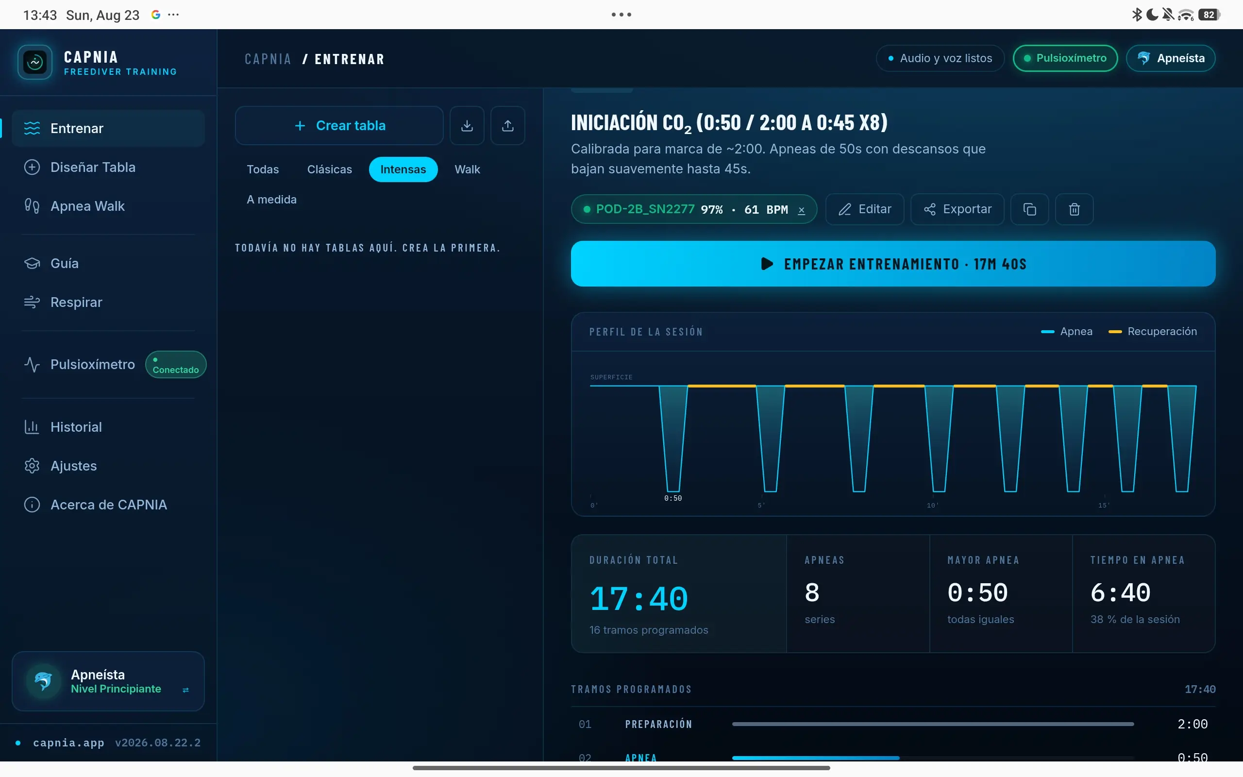 Pantalla Entrenar: lista de tablas guardadas a la izquierda y, a la derecha, el detalle de la tabla Iniciación CO₂ con su perfil de inmersiones, duración total de 17:40 y 8 apneas.