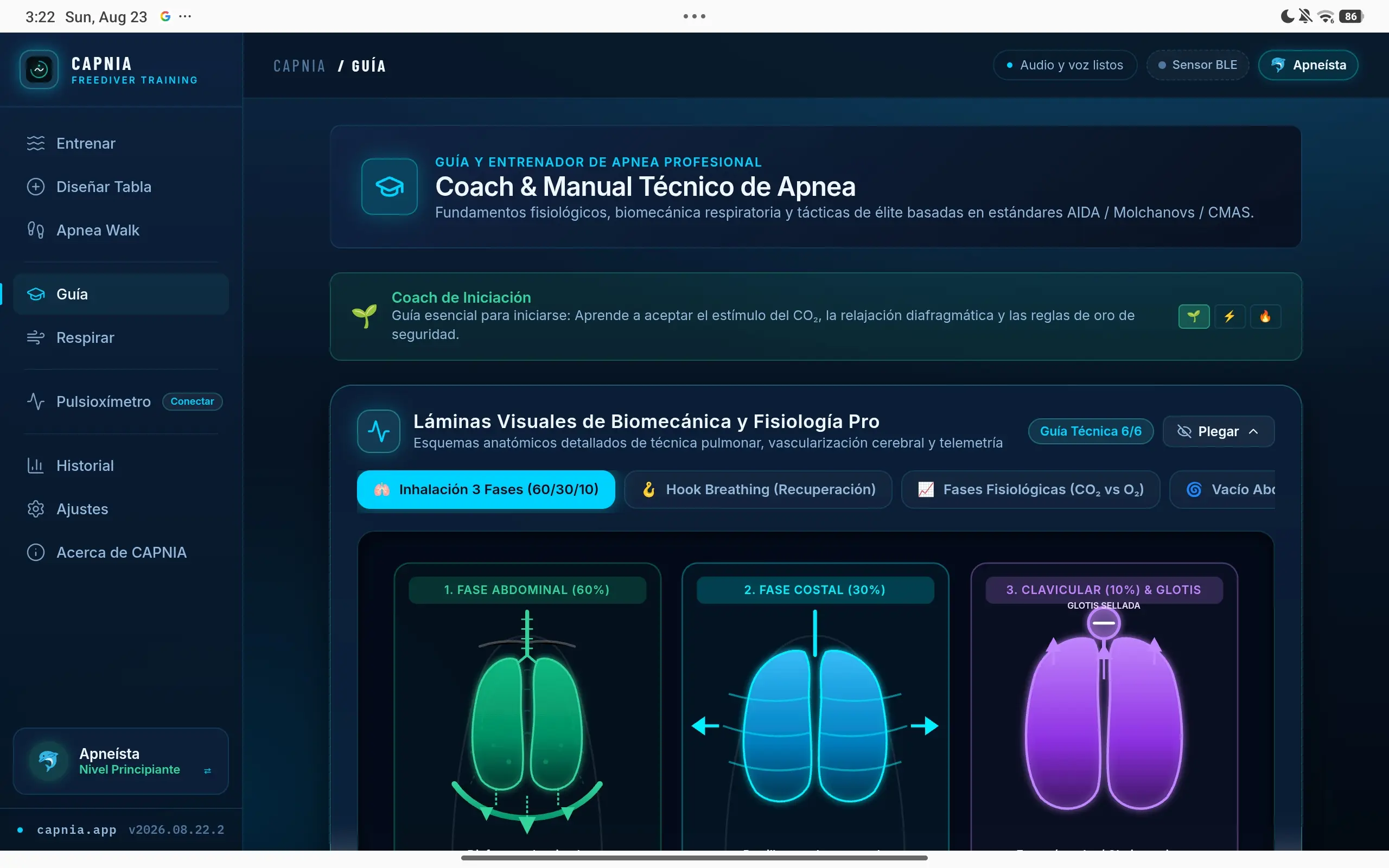 Pantalla Guía: coach y manual técnico de apnea, con láminas anatómicas de la inhalación en tres fases.