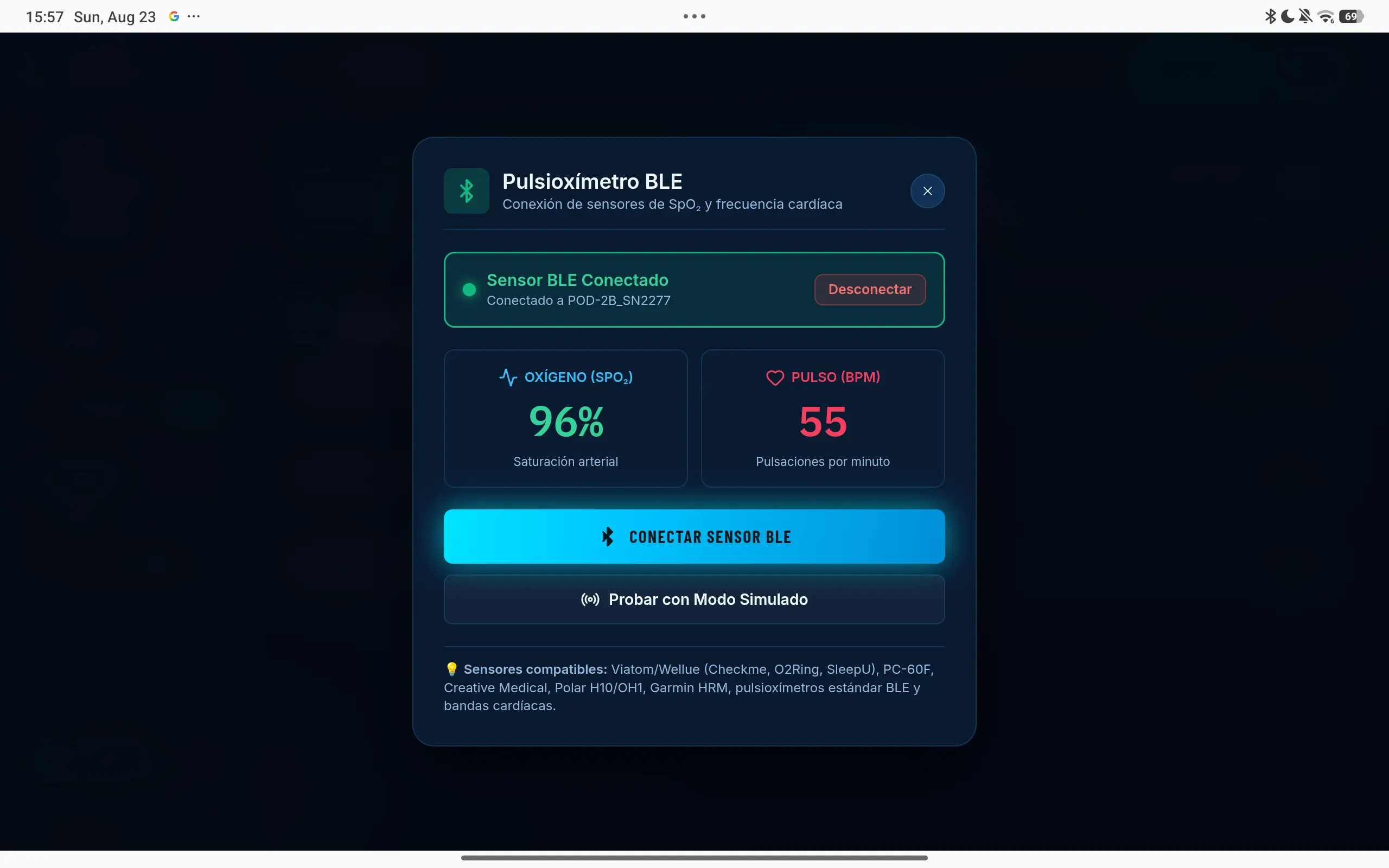 Diálogo de conexión del pulsioxímetro Bluetooth, con el sensor conectado marcando 96 % de saturación y 55 pulsaciones por minuto.